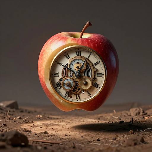 Photograph of a red apple with a vintage clock face inside, featuring intricate gears and Roman numerals, set on a dark, textured surface with scattered