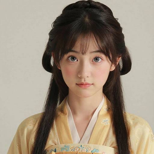 Photograph of an East Asian woman with long, black hair in traditional Korean hanbok, featuring a yellow silk robe with floral embroidery, set against