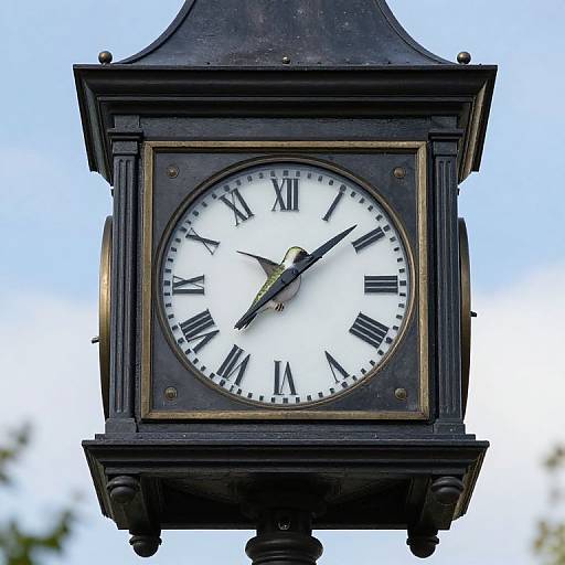 Photograph of a vintage, black, ornate, square clock with a white face, black Roman numerals, black hands, and a clear blue