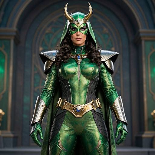 Photorealistic CGI of a woman in a green, metallic superhero costume with horned helmet, silver armor, and blue gem belt, standing in a