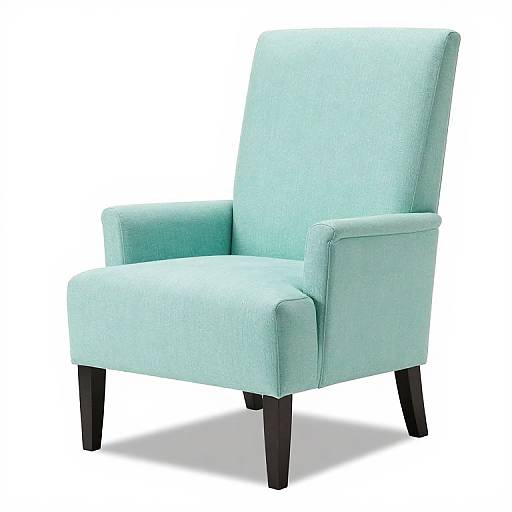 Photograph of a light teal, upholstered armchair with black legs, featuring a high back and cushioned arms, set against a plain white background