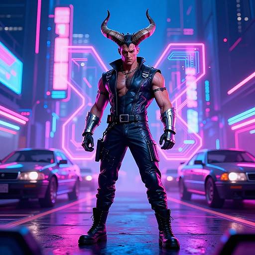 Cyberpunk street scene: muscular man with black leather outfit, horned helmet, and silver gloves stands confidently in front of neon-lit background with
