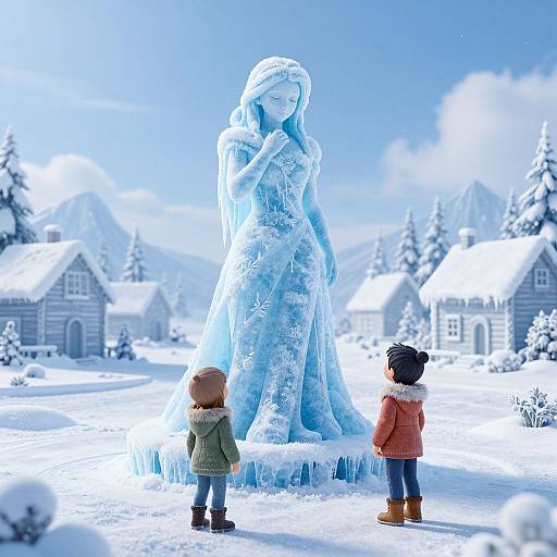 Digital artwork of two children in winter clothes facing a towering, blue ice sculpture of a woman in a snowy village.