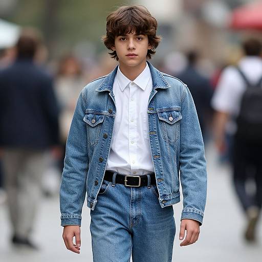 Photograph of a young man with brown wavy hair, wearing a blue denim jacket, white shirt, and matching blue jeans, walking confidently on a