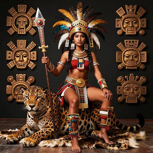 Photograph of a Native American-inspired woman in traditional headdress, red and gold jewelry, and loincloth, sitting on a leopard, holding a