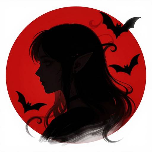 Silhouette of a female elf with pointed ears, long hair, and bats, against a vivid red moon in digital art style.