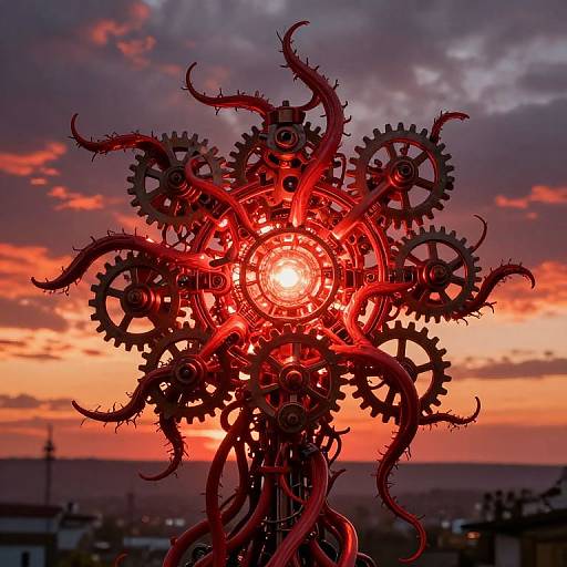 Photograph of a red, gear-and-tentacle mechanical sculpture with a glowing center, set against a vibrant orange and purple sunset sky.
