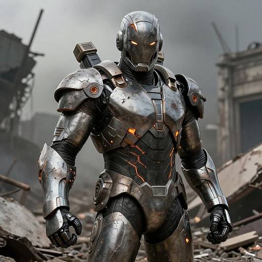 Photorealistic CGI of a muscular, silver armored Iron Man-style superhero with glowing orange accents, standing in a ruined, smoke-filled urban battlefield.