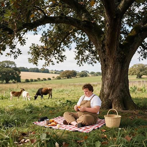 Man enjoying picnic under oak tree in countryside
