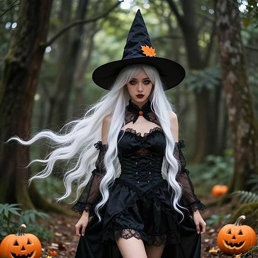 Woman in Elegant Witch Costume with White Hair in Forest