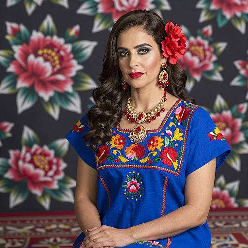 Woman in Blue Embroidered Dress with Floral Accessories