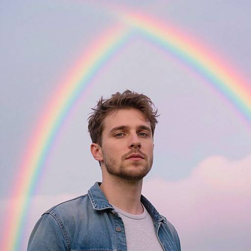 Photograph of a young, bearded man with tousled brown hair, wearing a denim jacket over a white shirt, standing against a bright sky with