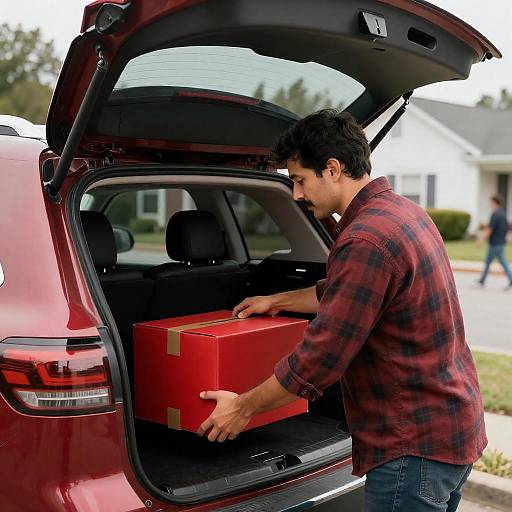 Man Loading Red SUV in Suburbs