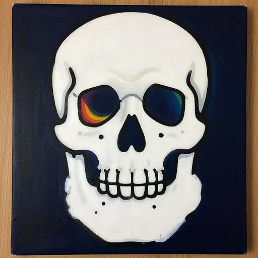 Painted white skull with one eye featuring rainbow iris and black background on wooden surface, simple and bold.