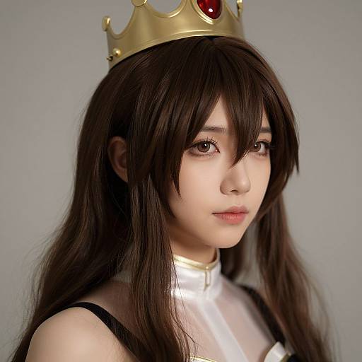 Photograph of an Asian woman with long brown hair, wearing a gold crown with a red gem, white high-neck top, and black straps, against