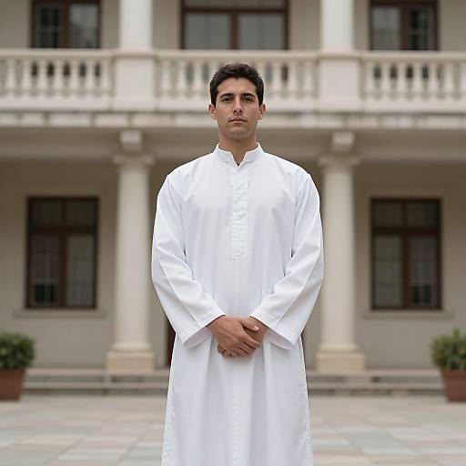 Photograph of a young South Asian man with short black hair, wearing a white traditional long tunic, standing in front of a colonial-style building with