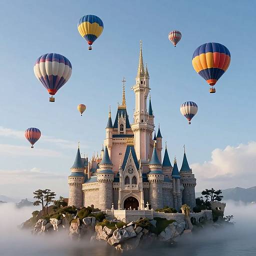 Photorealistic digital artwork of a fairy-tale castle surrounded by floating colorful hot air balloons against a clear blue sky. Mist surrounds the rocky base.
