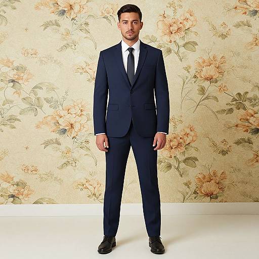Photograph of a handsome, dark-haired man in a navy suit, white shirt, black tie, standing against a floral-patterned wallpaper.