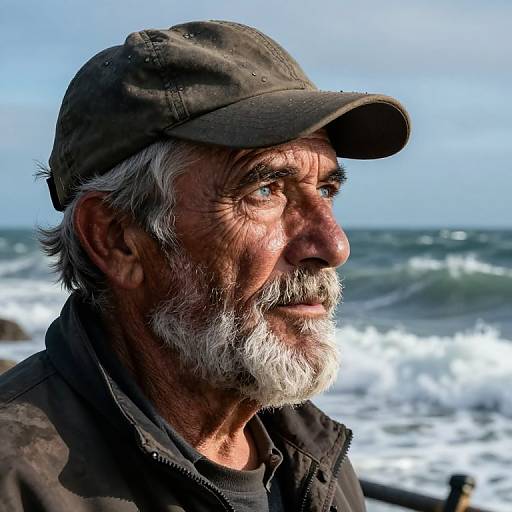 Photograph of an elderly man with a white beard and cap, gazing at a turbulent ocean, wearing a dark jacket.