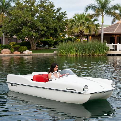Photograph of a woman with black hair in a red dress, driving a white speedboat with a clear windshield, on a calm lake with lush green