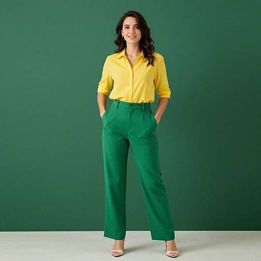 Photograph of a smiling woman with dark hair, wearing a yellow blouse and green high-waisted pants, hands in pockets, against a solid green