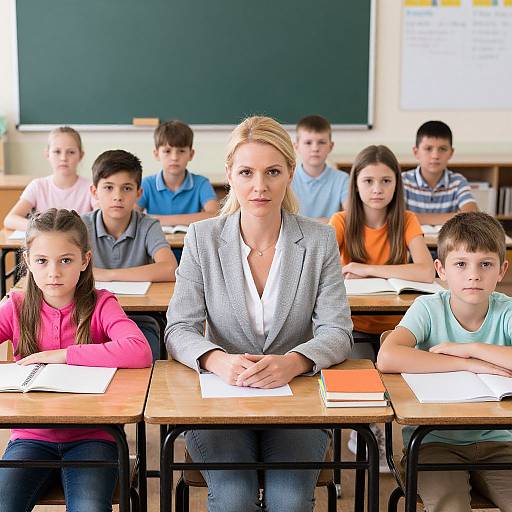 Photograph of a blonde woman in a gray blazer, seated in a classroom with diverse students, all focused, with notebooks and pens. Blackboard