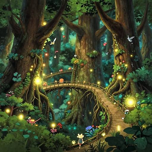 Whimsical forest scene: enchanted bridge with glowing lights, colorful flowers, fireflies, and butterflies, surrounded by towering trees and lush greenery.