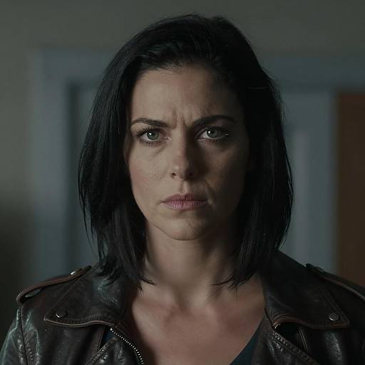 Intense Woman in Dark Leather Jacket