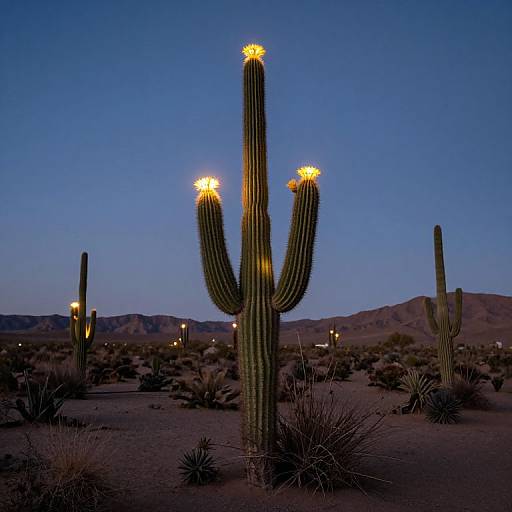 Photograph of a desert landscape at twilight, featuring a prominent, illuminated cactus with three glowing yellow lights against a dark blue sky.