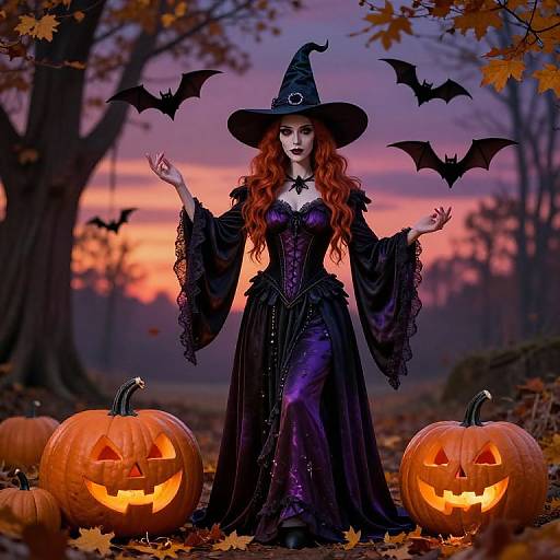 Digital artwork of a red-haired witch in a black dress and hat, surrounded by glowing jack-o'-lanterns and bats, against an autumn sunset
