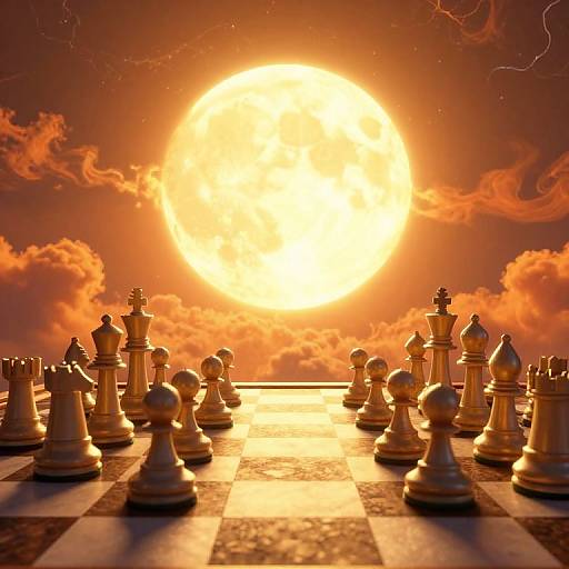 Photograph of a glowing sunset behind a chessboard with golden chess pieces, casting dramatic shadows on the board.