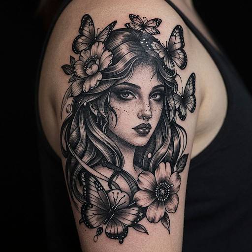 Black-and-gray tattoo of a freckled, wavy-haired woman with butterfly and flower crown on a muscular arm, wearing a sleeveless top.