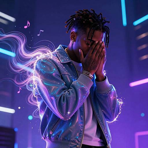 Photograph of a Black man with dreadlocks, hands covering face, wearing a glittery blue jacket, surrounded by neon purple and blue lights, with