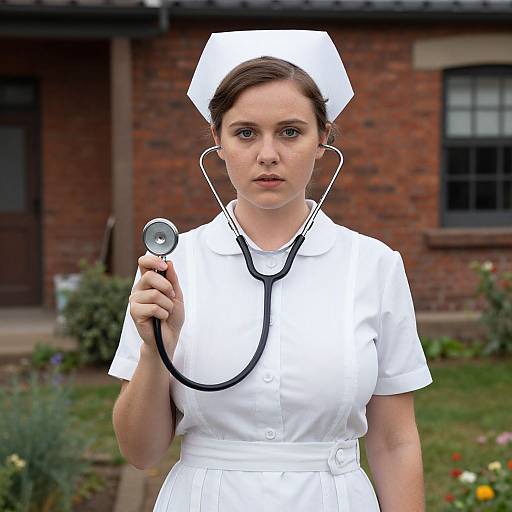 Photograph of a young white female nurse with brown hair, wearing a white uniform and cap, holding a stethoscope, standing in front of a