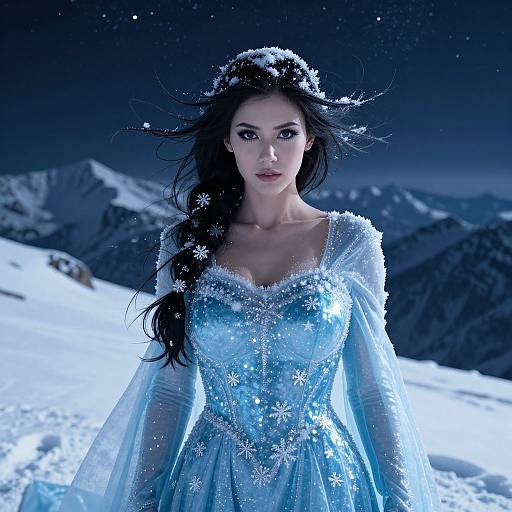 Photorealistic digital art of a snow-covered, dark-haired woman in a sparkling blue, snowflake-embellished winter dress, standing in a