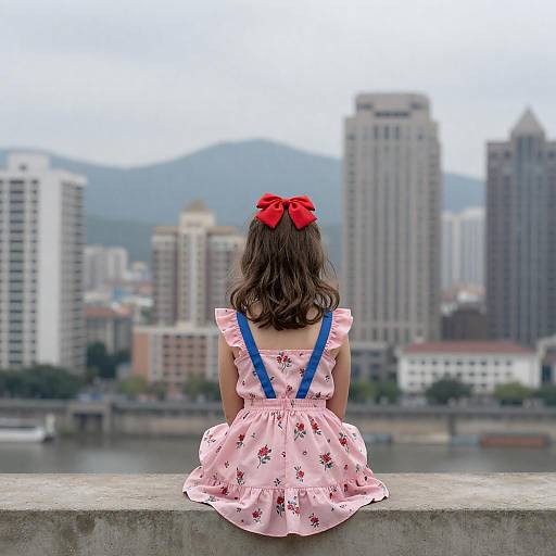Young Girl Sitting Facing Cityscape