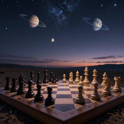 Photograph of a chessboard under a starry night sky with planets, featuring black and white chess pieces, and a twilight horizon.