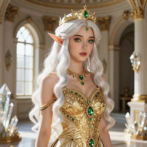 Digital illustration of a white-haired, green-eyed elf queen with a gold crown, adorned in an ornate, gold and green dress, standing in a