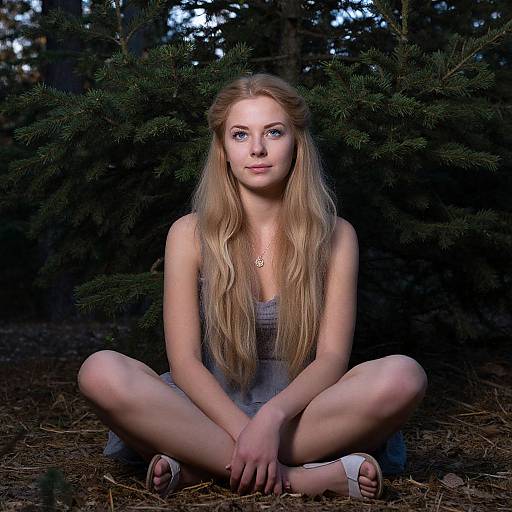 Photograph of a young blonde woman with long hair, sitting cross-legged in a forest, wearing a gray dress and white sandals, with dark pine trees