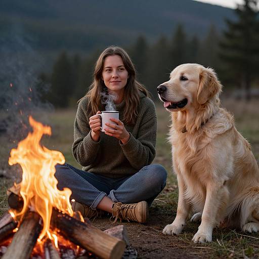 Photograph of a smiling woman in a green sweater, sitting cross-legged by a campfire, holding a mug, with a golden retriever sitting beside