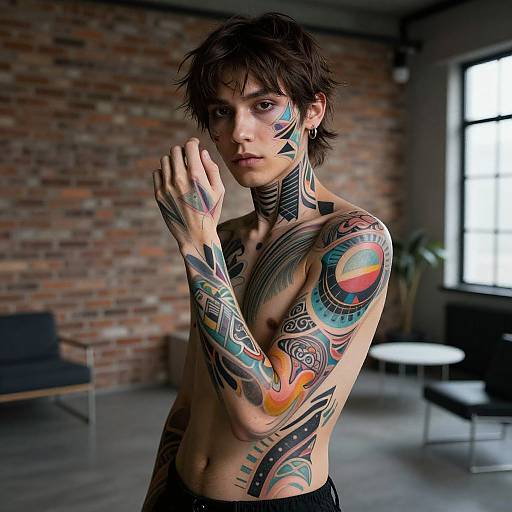 Photograph of a shirtless, androgynous individual with short, tousled brown hair, extensive colorful tattoos, and black choker, standing