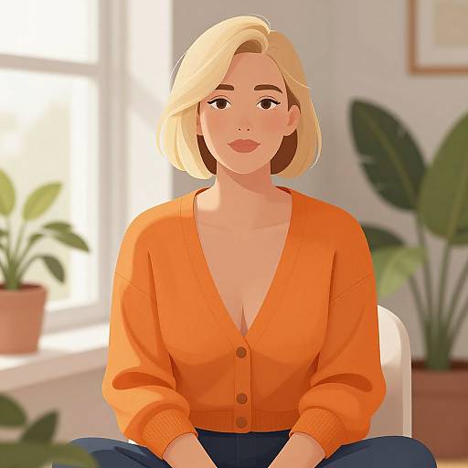 Digital illustration of a blonde woman with short hair, wearing an orange cardigan and blue pants, sitting cross-legged in a sunlit room with potted