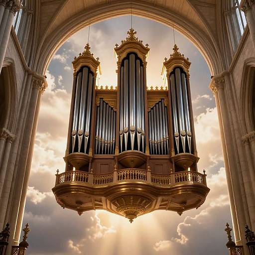 Grand, ornate pipe organ suspended in a sunlit, Gothic cathedral arch, with sunlight streaming through clouds, highlighting its golden details.