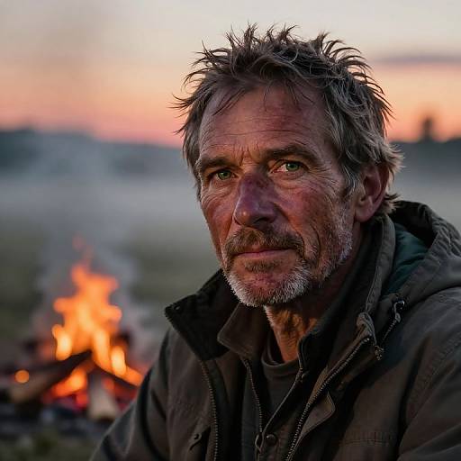 Photograph of a rugged, bearded man with tousled gray hair, wearing a dark jacket, sitting by a campfire at sunset.