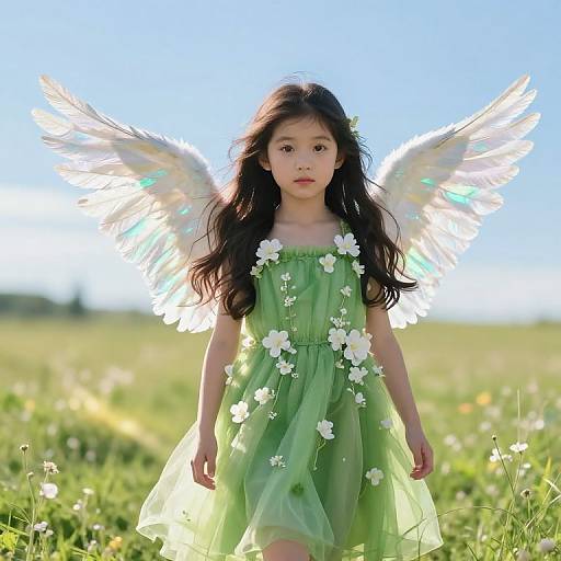 Photograph of an Asian girl with long black hair, wearing a green floral dress and white angel wings, standing in a sunny meadow.