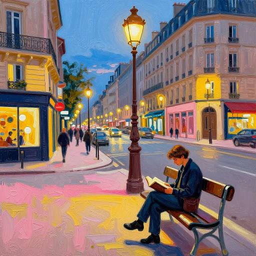 Impressionist-style digital painting of a man reading on a Parisian street bench at dusk, surrounded by lit buildings and street lamps.