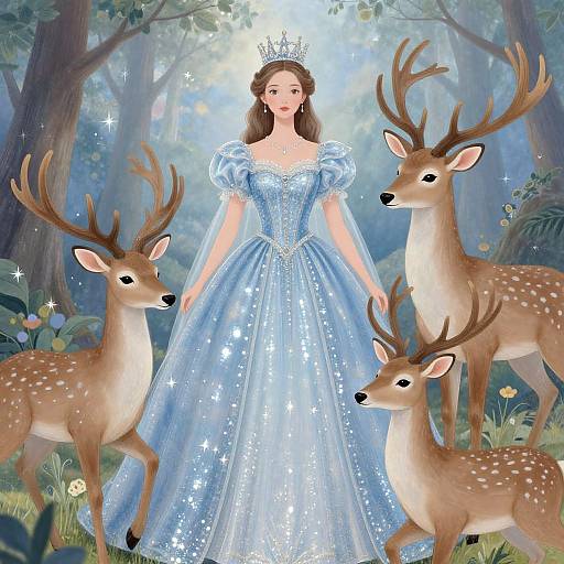 Digital illustration of a fairytale princess in a sparkling blue gown and crown, surrounded by four deer with large antlers in a magical forest.