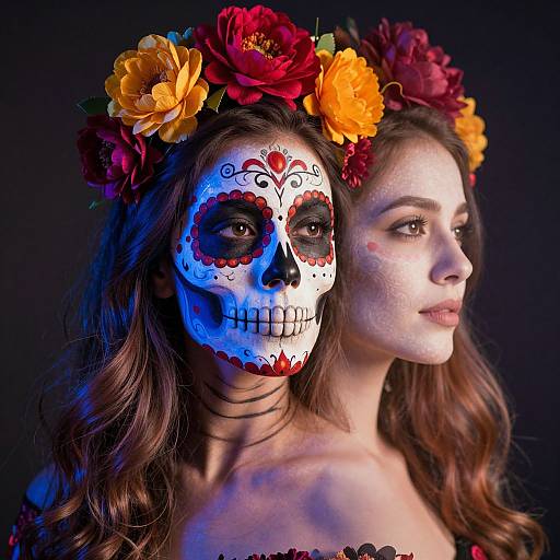 Photograph of two women; one with blue and red sugar skull face paint, flower crown, and dark hair, standing behind another with fair skin and