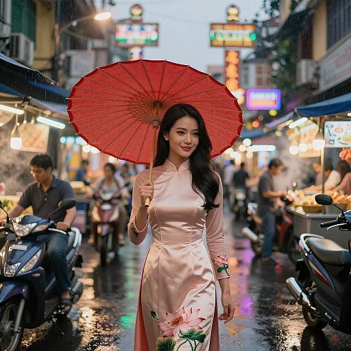Elegant Vietnamese Woman Amidst Bustling Street