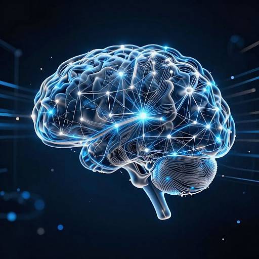 Digital illustration of a glowing blue, wireframe human brain with bright white star-like points, set against a dark blue background.